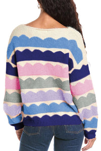 Wave Striped Balloon Sleeve Drop Shoulder Sweater