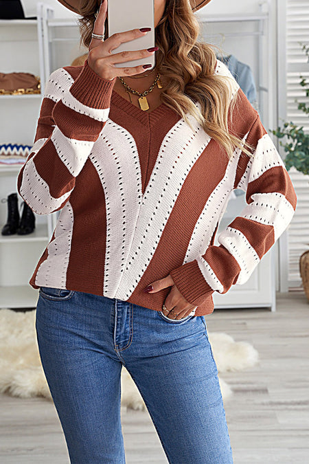 Striped Colorblock V Neck Knitted Sweater