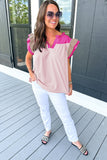 Pink Colorblock Ruffled Sleeve Frill V Neck Blouse