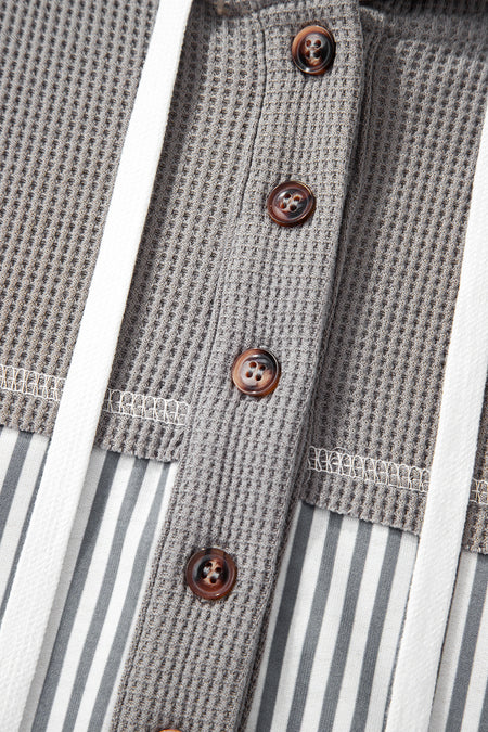 Gray Waffle Printed Patchwork Drawstring Hooded Long Sleeve Top