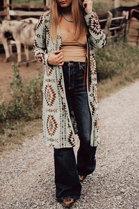 Aztec Printed Open Front Long Cardigan