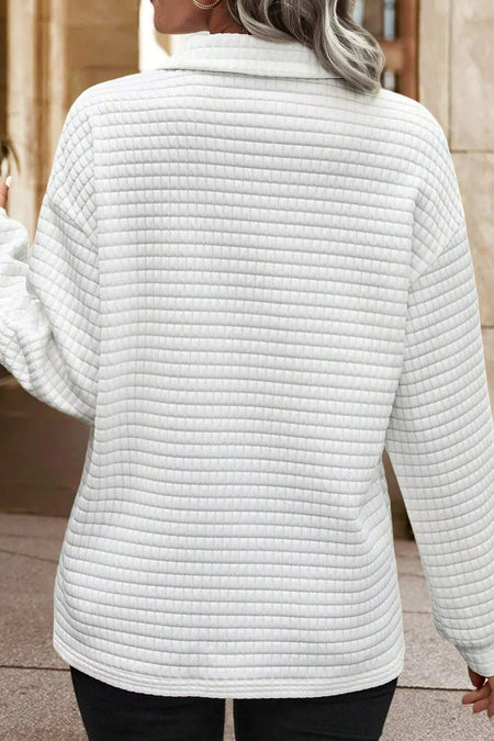 Quilted Texture Sporty Collared Long Sleeve Top