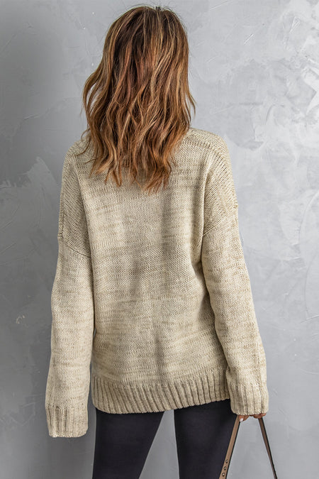 White V neck Drop Shoulder Knitted Sweater