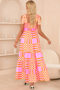 Boho Gingham Tied Straps Smocked Maxi Dress