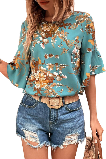 Mineral Blue Flare Sleeve Floral Blouse