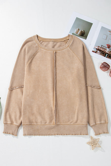 Solid Waffle Knit Patchwork Raglan Sleeve Sweatshirt