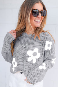 Big Flower Hollowed Knit Drop Shoulder Sweater