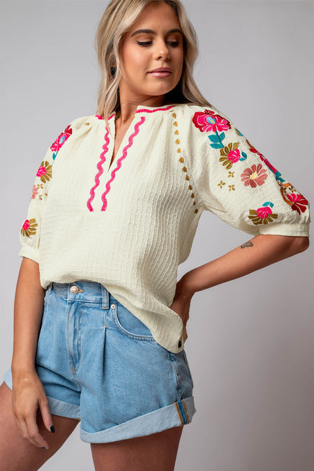 Floral Embroidered Ricrac Puff Sleeve Textured Blouse