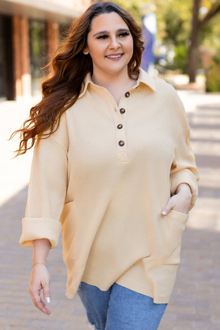 Plus Size Thermal Waffle Knit Henley Tunic Top