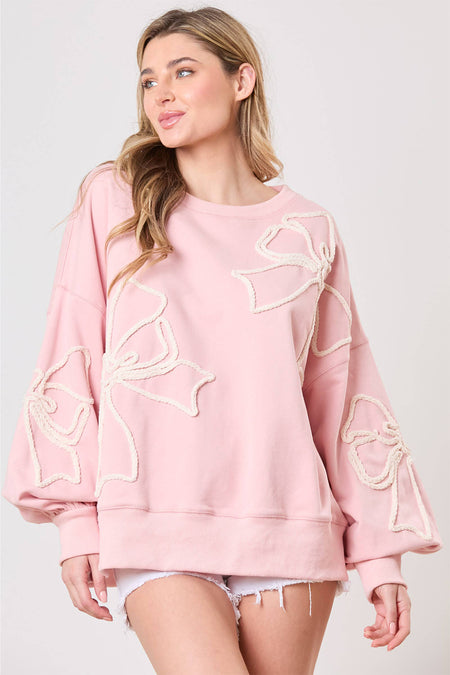 Bow Thread Embroidery Ribbed Edge Sweatshirt