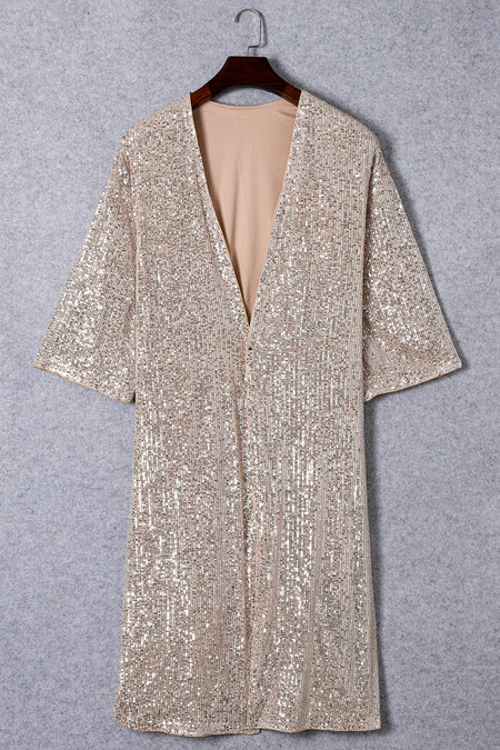 Sequin 3/4 Sleeve Open Front Duster Kimono