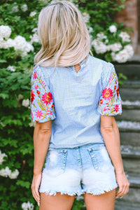 Gingham Floral Embroidered Puff Sleeve Blouse