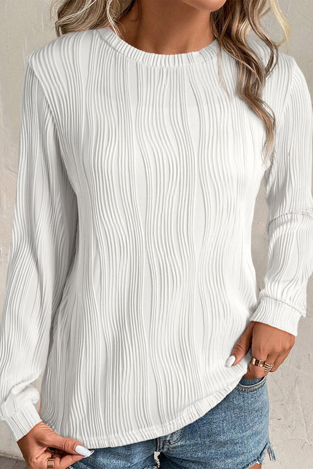 Textured Wavy Round Neck Long Sleeve Top