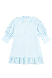 Seersucker Ruffled Puff Sleeve Stand Neck Mini Dress