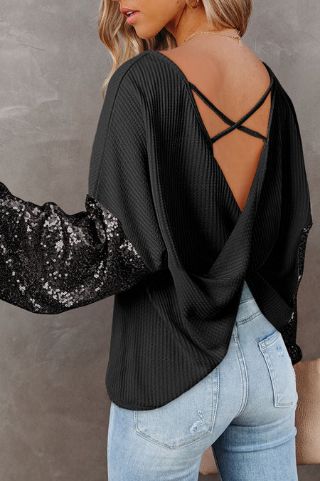 Sequin Patchwork Sleeve Open Back Waffle Knit Top