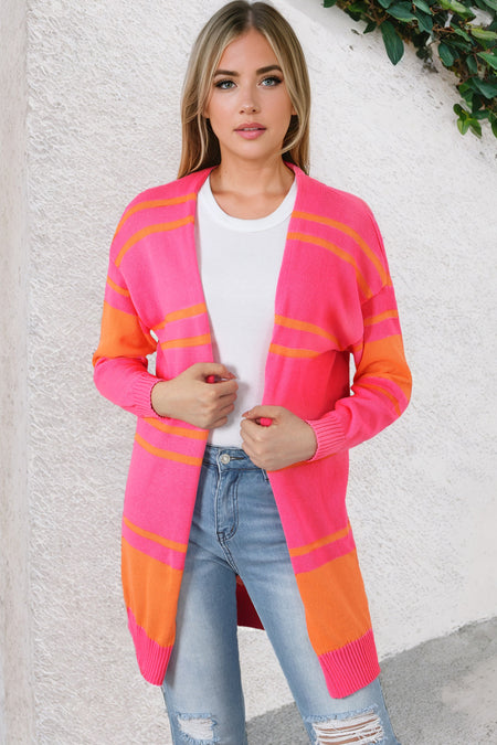 Striped Long Sleeve Ribbed Trim Button Cardigan