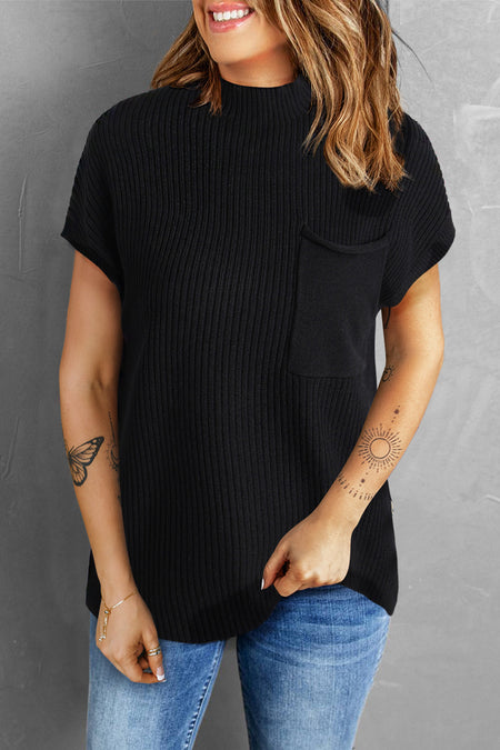 Patch Pocket Ribbed Knit Short Sleeve Sweater