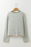 Stripe Textured Frilly Trim Buttons Henley Long Sleeve Top