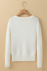 White Textured Knit Button Decor Pullover Sweater