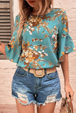 Mineral Blue Flare Sleeve Floral Blouse