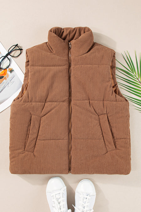 Corduroy Stand Neck Zipped Puffer Vest