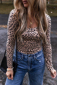 Leopard Print Long Sleeve Scoop Neck Slim Fit Bodysuit