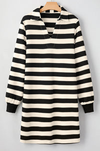 Stripe Collared V Neck Long Sleeve Loose Casual Dress