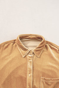 Light French Beige Velvet Button Front Shirt Mini Dress