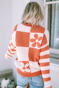 Checkered Floral Print Striped Sleeve Sweater