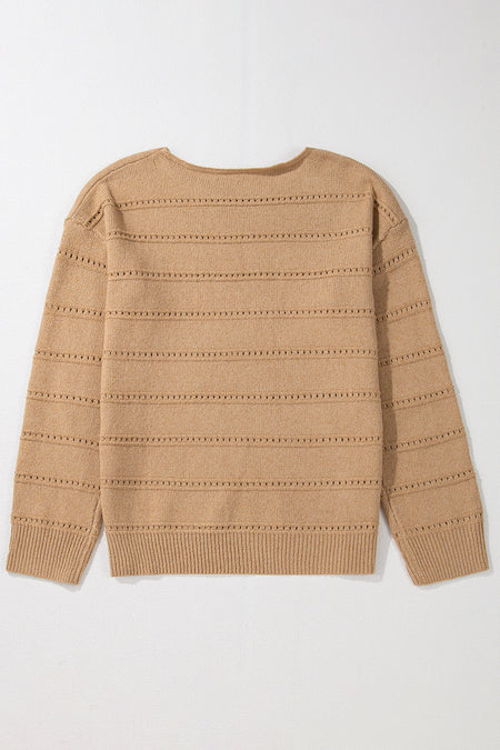 Boat Neck Drop Shoulder Pointelle Knit Sweater