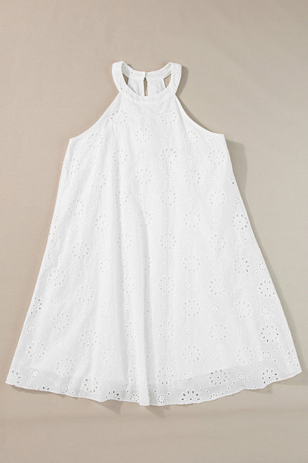 Boho Eyelet Pattern Halter Neck Sleeveless Dress