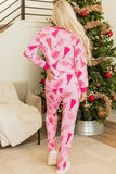 Christmas Tree Print V Neck Buttoned Pullover and Drawstring Pants Lounge Set