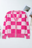 Checkered Drop Shoulder Buttoned V Neck Cardigan