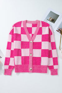 Checkered Drop Shoulder Buttoned V Neck Cardigan