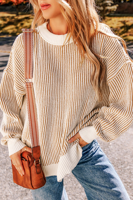 Striped Textured Knit Contrast Edge Loose Sweater