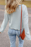 Stripe Textured Frilly Trim Buttons Henley Long Sleeve Top