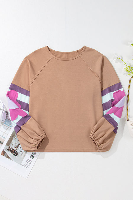 Flower Patchwork Raglan Sleeve Exposed Seam Oversized Top