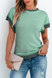 Mint Green Contrast Trim Round Neck Batwing Sleeve Knitted Top