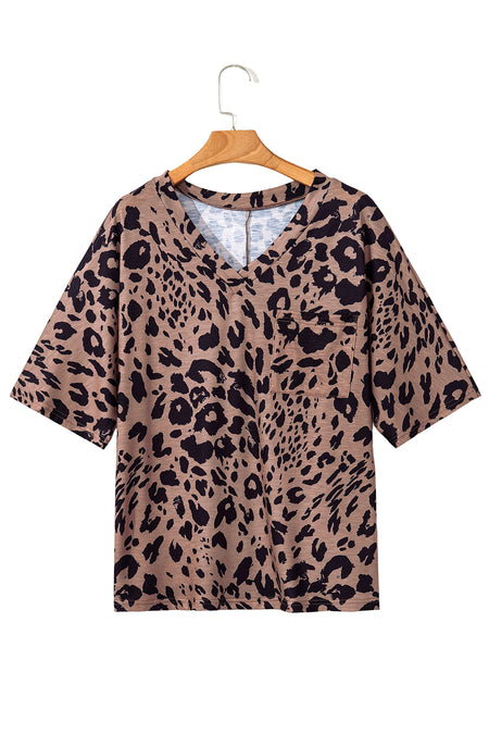 V Neck Half Sleeve Oversized Leopard Tee