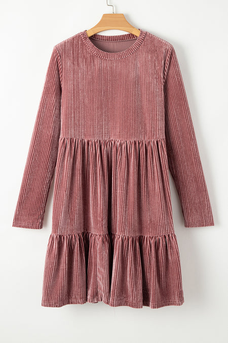 Long Sleeve Tiered Ribbed Velvet Dress