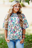 Print Puff Sleeve Mock Neck Blouse