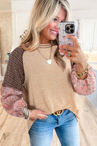 Mixed Print Patchwork Raglan Ribbed Knit Top