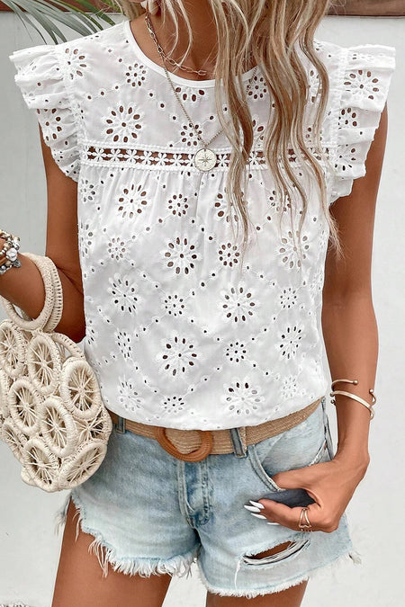 Eyelet Embroidered Ruffled Flutter Sleeve Blouse