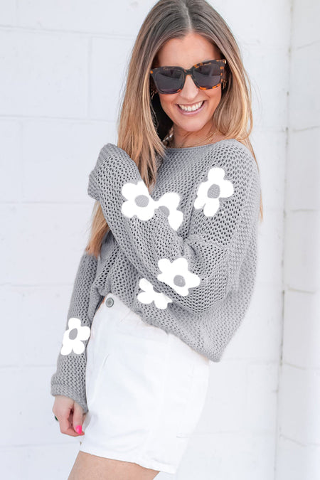 Big Flower Hollowed Knit Drop Shoulder Sweater