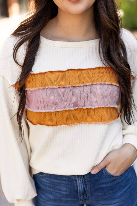 Corded Exposed Seam Knit Patchwork Drop Sleeve Top