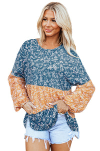 Floral Color Block Ruffled Hem Round Neck Blouse