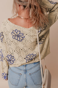 Flower Print Eyelet Drop Shoulder Sweater