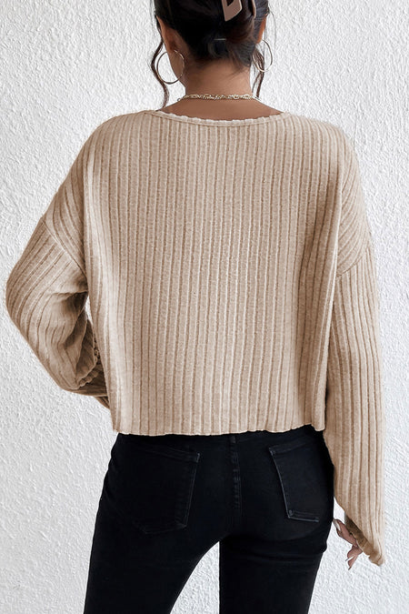 Lettuce Cuffs Drop Shoulder Loose Ribbed Knit Top