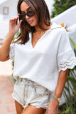 Crinkled Lace Splicing Sleeve Collared V Neck Blouse