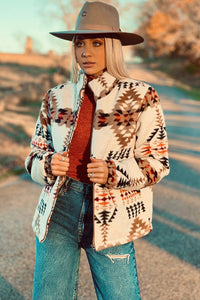 Aztec Printed Stand Neck Zip Up Jacket